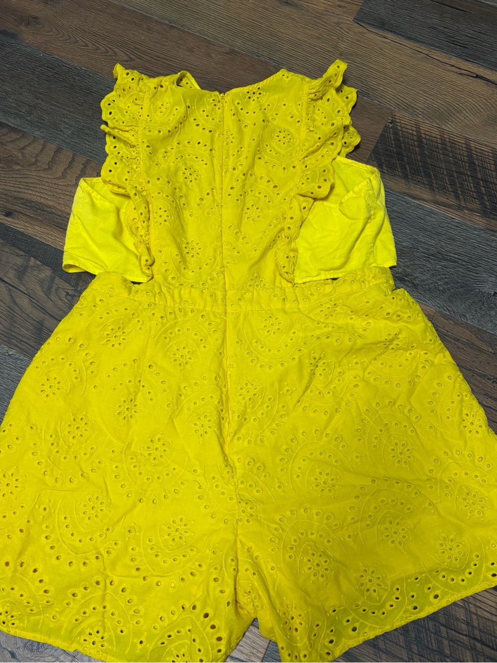 New York & Company Bright Yellow Eyelet Romper with Ruffle Shoulders